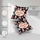 Custom Name Snowman Snow Globe Poinsettia Winter Christmas Black Square Filled Cushion Throw Pillow Sofa Bed Home Decor Zip Washable UK Made