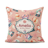 Custom Name Snowman Snow Globe Poinsettia Winter Christmas Peach Square Filled Cushion Throw Pillow Sofa Bed Home Decor Zip Washable UK Made