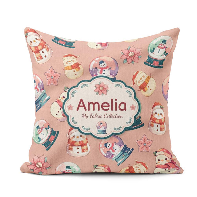 Custom Name Snowman Snow Globe Poinsettia Winter Christmas Peach Square Filled Cushion Throw Pillow Sofa Bed Home Decor Zip Washable UK Made