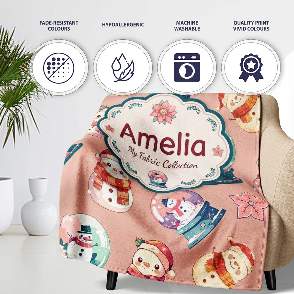 Snowman Snow Globe Poinsettia Winter Christmas on Peach Background  Personalised Custom Name Super Soft Fleece Blanket Bed Sofa Throw