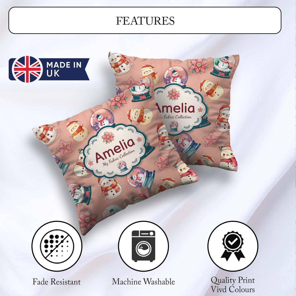 Custom Name Snowman Snow Globe Poinsettia Winter Christmas Peach Square Filled Cushion Throw Pillow Sofa Bed Home Decor Zip Washable UK Made