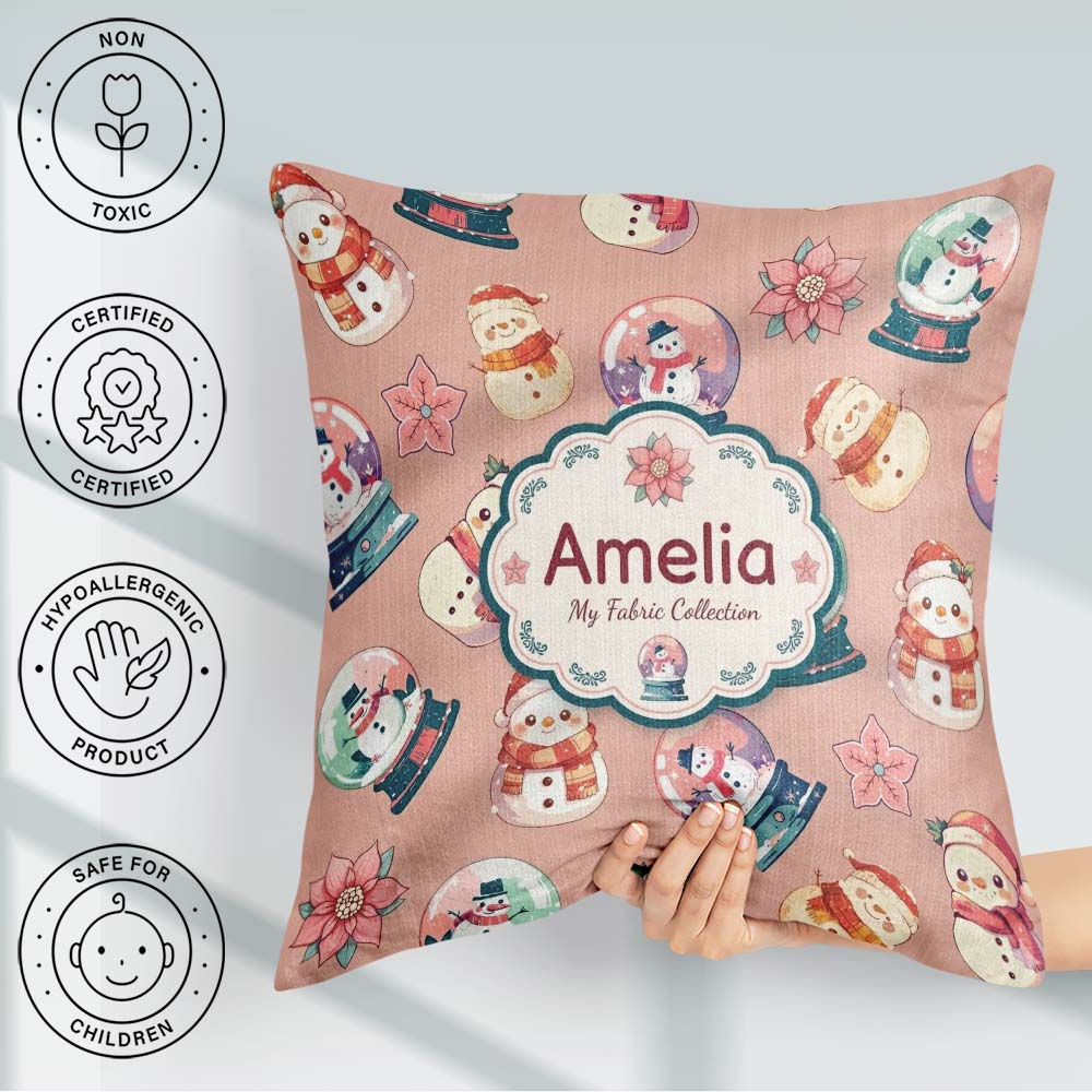 Custom Name Snowman Snow Globe Poinsettia Winter Christmas Peach Square Filled Cushion Throw Pillow Sofa Bed Home Decor Zip Washable UK Made
