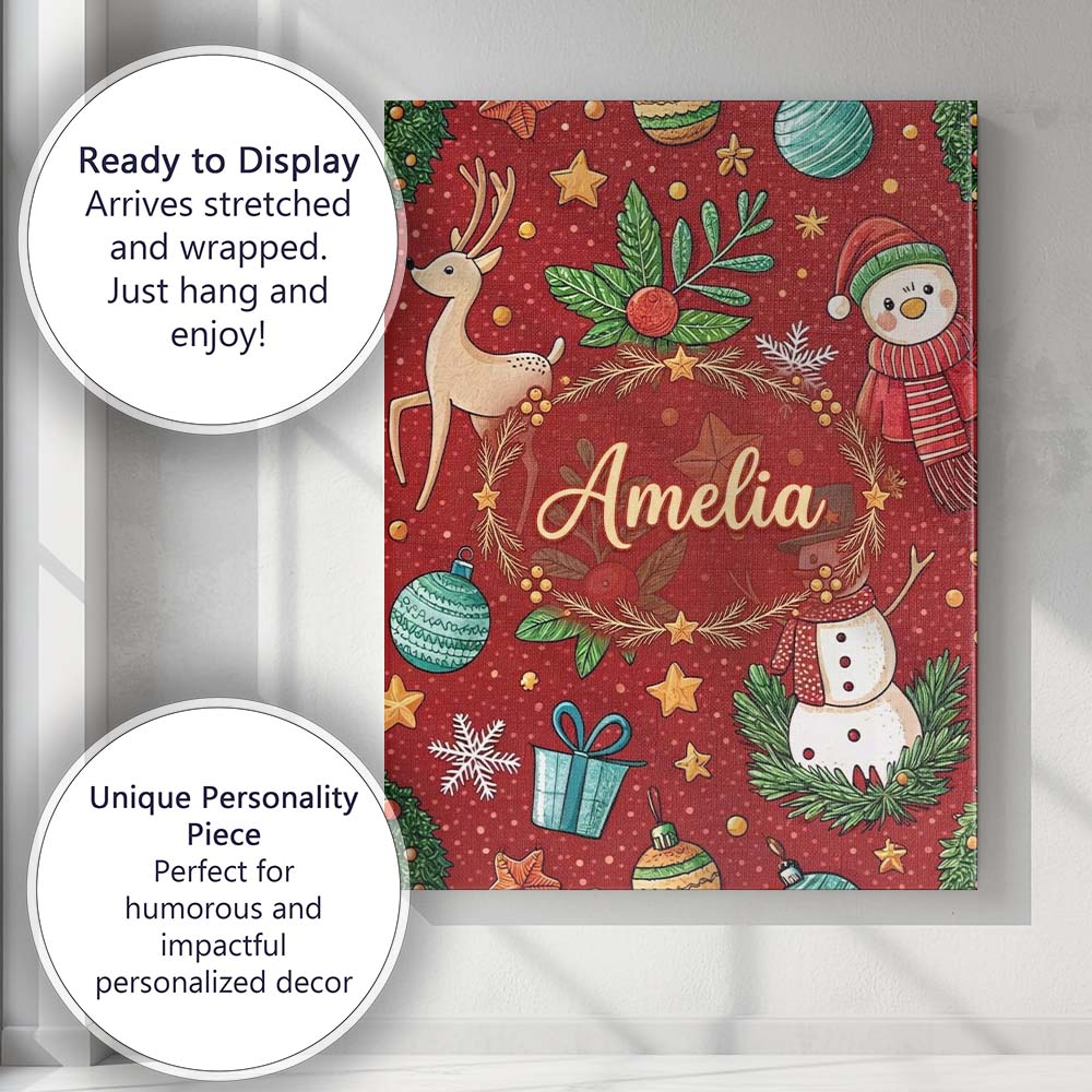Personalised Name Snowman Holly Leaves Red Background Christmas Custom  Statement Canvas Wall Art Print Decor Picture Ready to Hang
