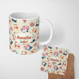 Personalized Custom Name Snowman Snow Globe Poinsettia Winter Christmas on Cream Background 11oz Ceramic Coffee Tea Mug White Large Handle