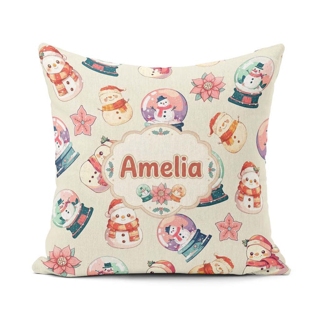 Custom Name Snowman Snow Globe Poinsettia Winter Christmas Cream Square Filled Cushion Throw Pillow Sofa Bed Home Decor Zip Washable UK Made