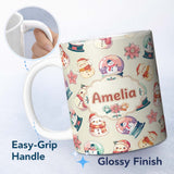 Personalized Custom Name Snowman Snow Globe Poinsettia Winter Christmas on Cream Background 11oz Ceramic Coffee Tea Mug White Large Handle