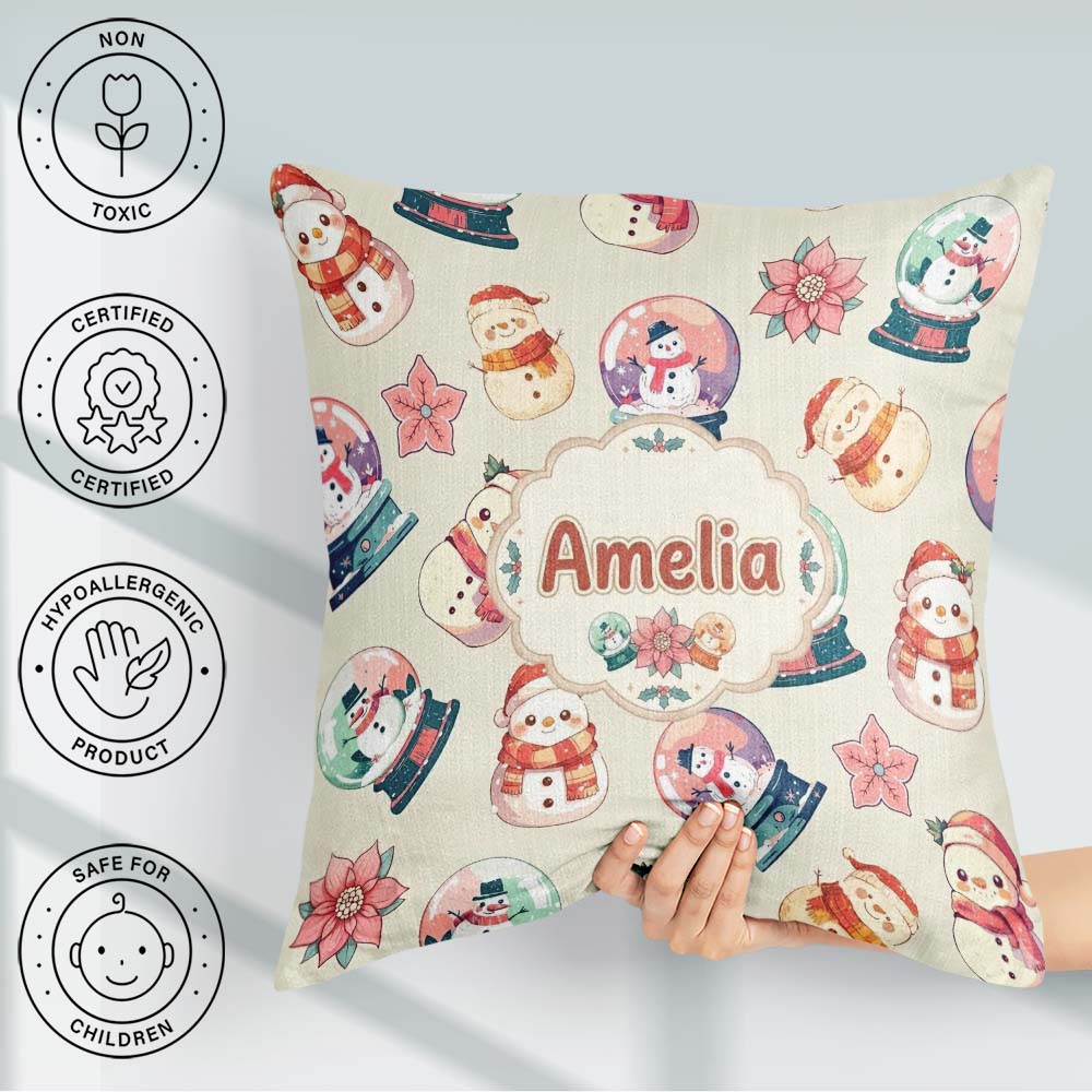 Custom Name Snowman Snow Globe Poinsettia Winter Christmas Cream Square Filled Cushion Throw Pillow Sofa Bed Home Decor Zip Washable UK Made