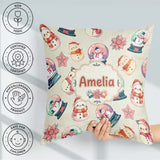 Custom Name Snowman Snow Globe Poinsettia Winter Christmas Cream Square Filled Cushion Throw Pillow Sofa Bed Home Decor Zip Washable UK Made