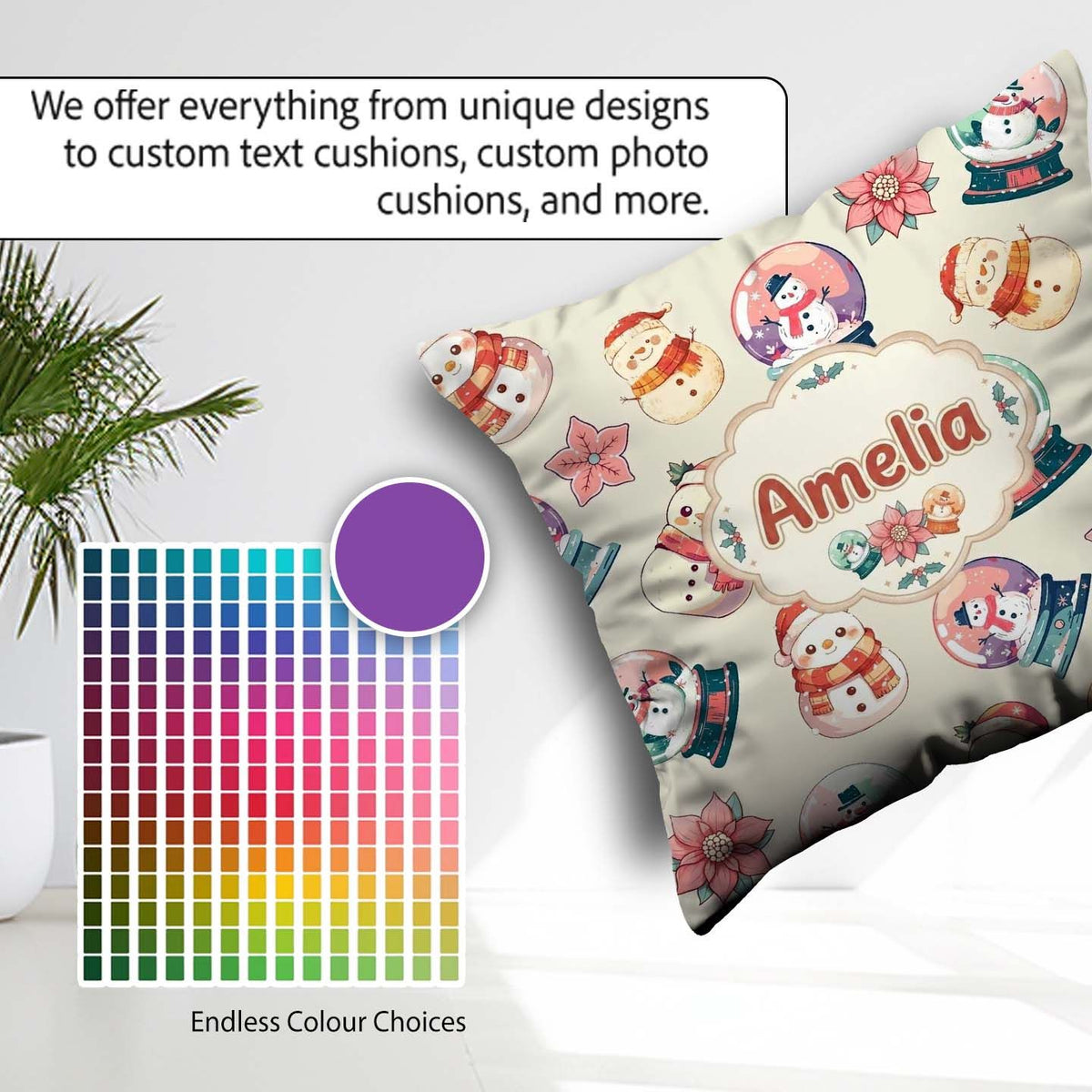 Custom Name Snowman Snow Globe Poinsettia Winter Christmas Cream Square Filled Cushion Throw Pillow Sofa Bed Home Decor Zip Washable UK Made