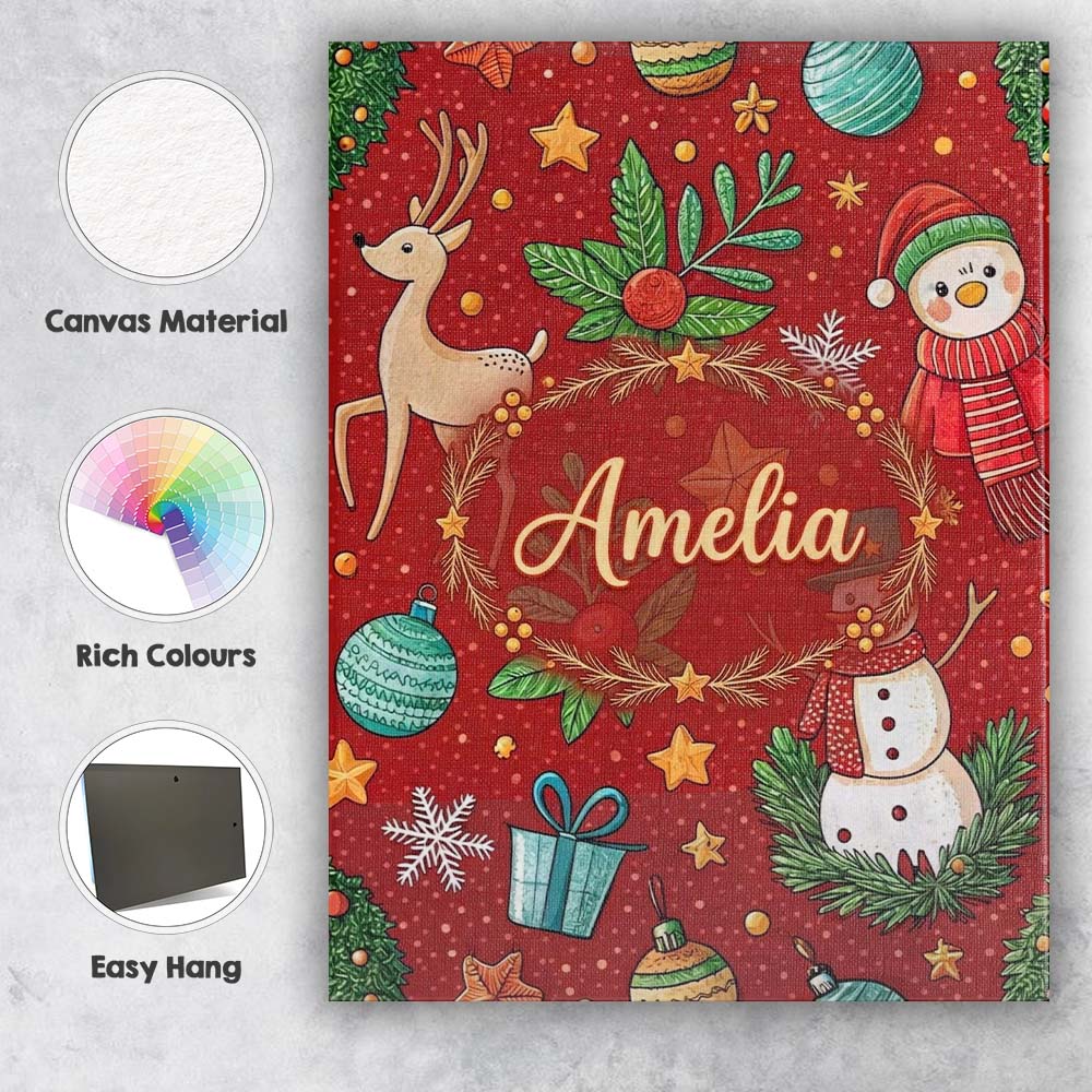 Personalised Name Snowman Holly Leaves Red Background Christmas Custom  Statement Canvas Wall Art Print Decor Picture Ready to Hang