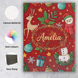Personalised Name Snowman Holly Leaves Red Background Christmas Custom  Statement Canvas Wall Art Print Decor Picture Ready to Hang