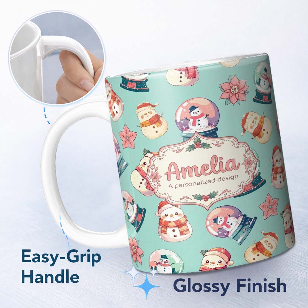 Personalized Custom Name Snowman Snow Globe Poinsettia Winter Christmas on Teal Background 11oz Ceramic Coffee Tea Mug White Large Handle