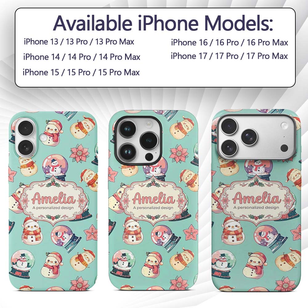 Snowman Snow Globe Poinsettia Winter Christmas on Custom Name Protective Phone Case Mobile Cover Durable Everyday Smartphone Shock Resistant