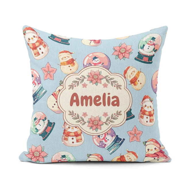 Custom Name Snow Globe Poinsettia Winter Christmas on Background Square Filled Cushion Throw Pillow Sofa Bed Home Decor Zip Washable UK Made