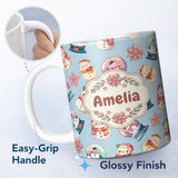 Personalized Custom Name Snowman Snow Globe Poinsettia Winter Christmas on Blue Background 11oz Ceramic Coffee Tea Mug White Large Handle