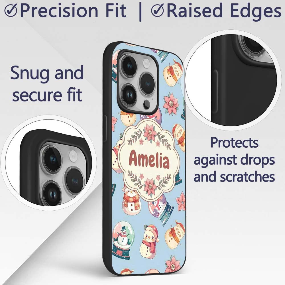 Snowman Snow Globe Poinsettia Winter Christmas on Custom Name Protective Phone Case Mobile Cover Durable Everyday Smartphone Shock Resistant