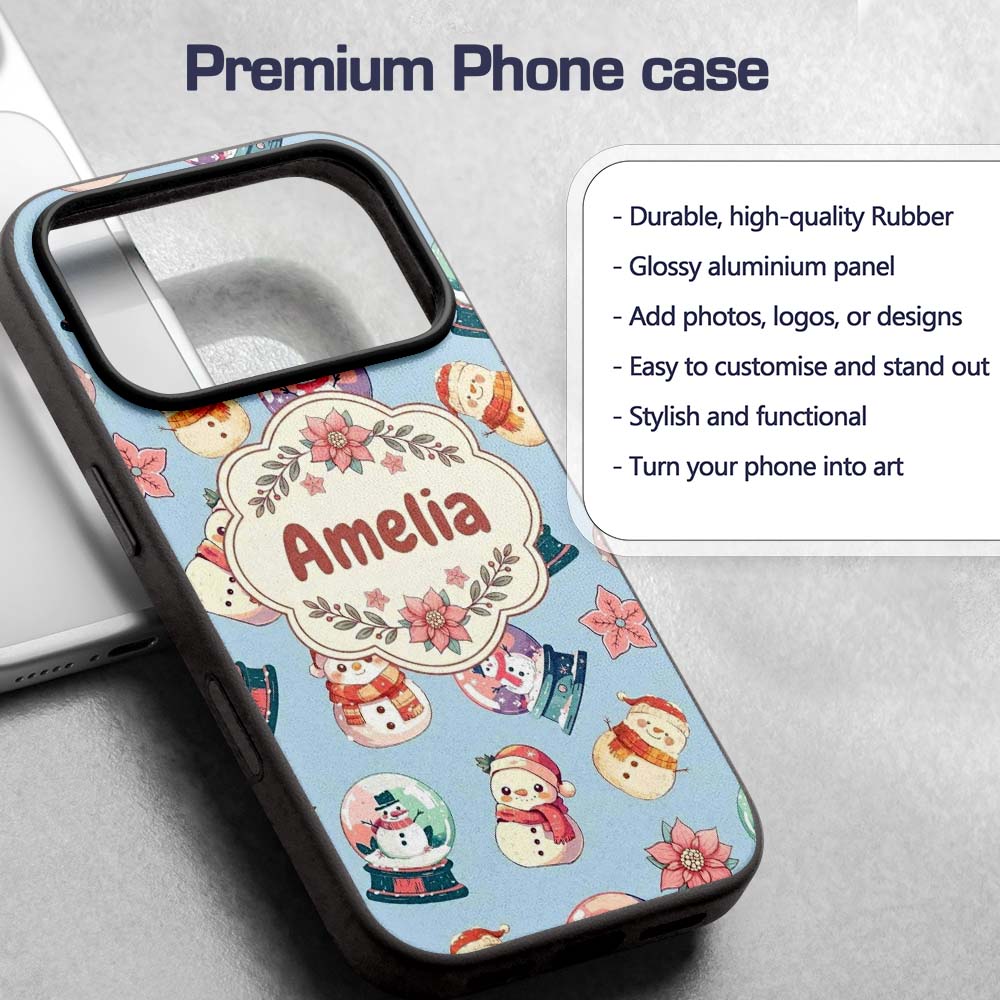 Snowman Snow Globe Poinsettia Winter Christmas on Custom Name Protective Phone Case Mobile Cover Durable Everyday Smartphone Shock Resistant