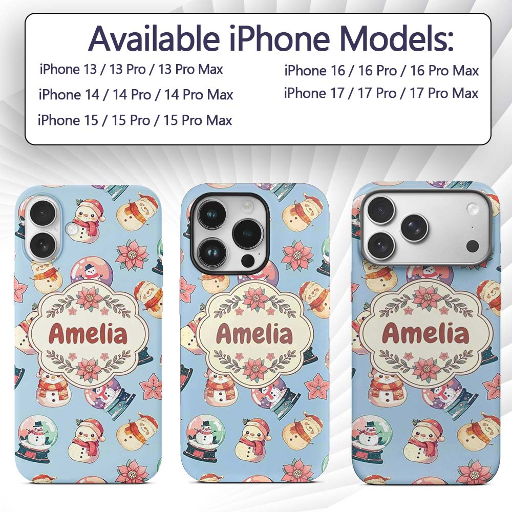 Snowman Snow Globe Poinsettia Winter Christmas on Custom Name Protective Phone Case Mobile Cover Durable Everyday Smartphone Shock Resistant