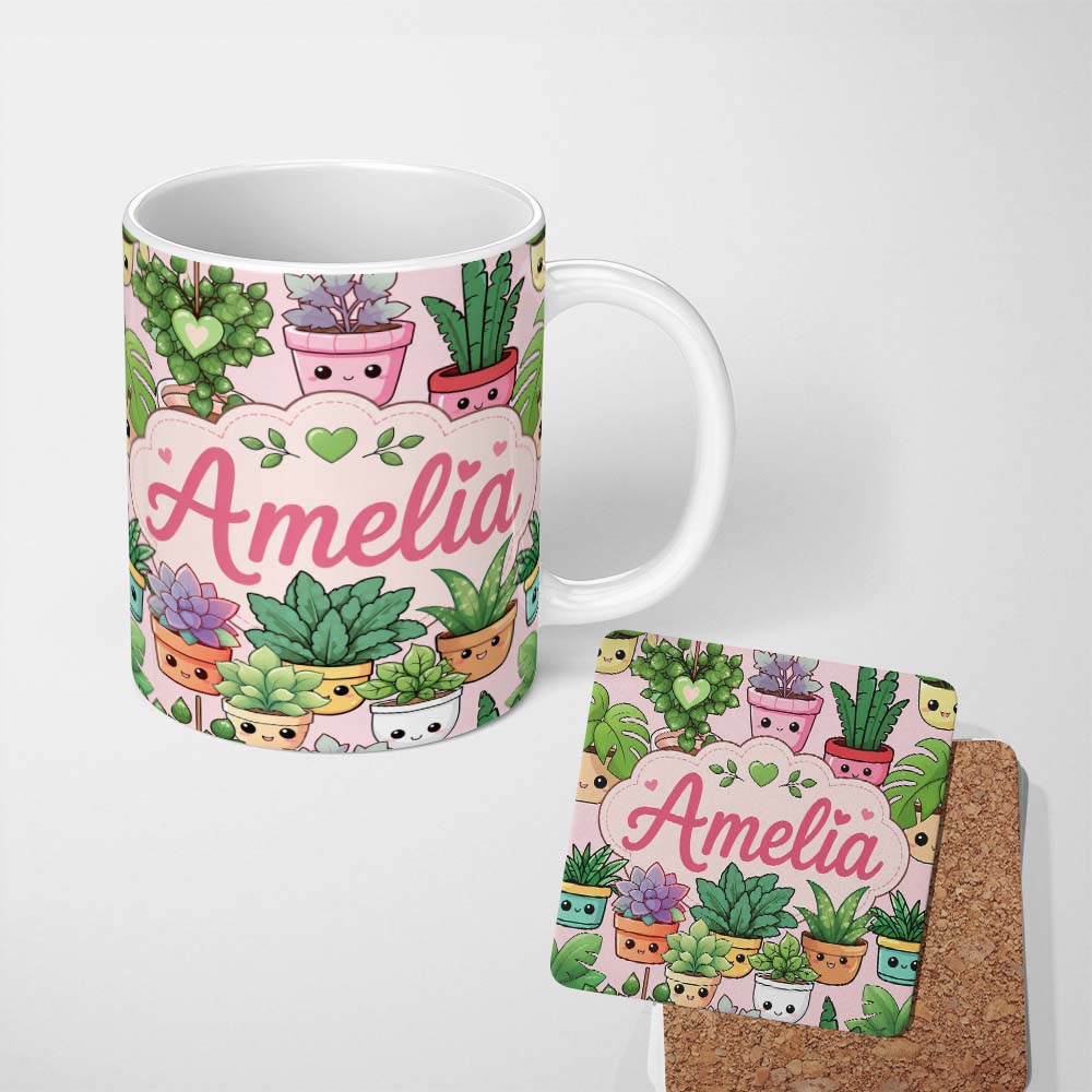 Personalized Custom Name Cute Kawaii Smiling Plant Pots Succulents Leaves Pattern Blush 11oz Ceramic Coffee Tea Mug White Large Handle