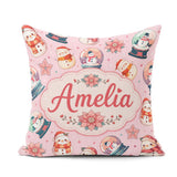 Custom Name Snowman Snow Globe Poinsettia Christmas on Soft Pink Square Filled Cushion Throw Pillow Sofa Bed Home Decor Zip Washable UK Made
