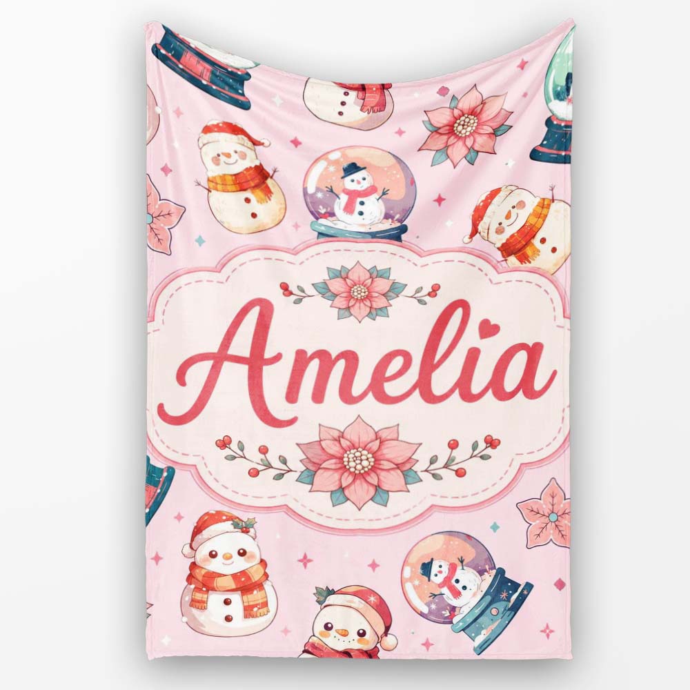Snowman Snow Globe Poinsettia Christmas on Soft Pink Background  Personalised Custom Name Super Soft Fleece Blanket Bed Sofa Throw