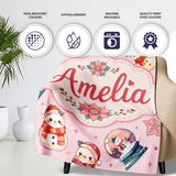 Snowman Snow Globe Poinsettia Christmas on Soft Pink Background  Personalised Custom Name Super Soft Fleece Blanket Bed Sofa Throw