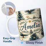 Personalized Custom Name Watercolor Snowy Christmas Trees with Gold Snowflakes Seamless 11oz Ceramic Coffee Tea Mug White Large Handle