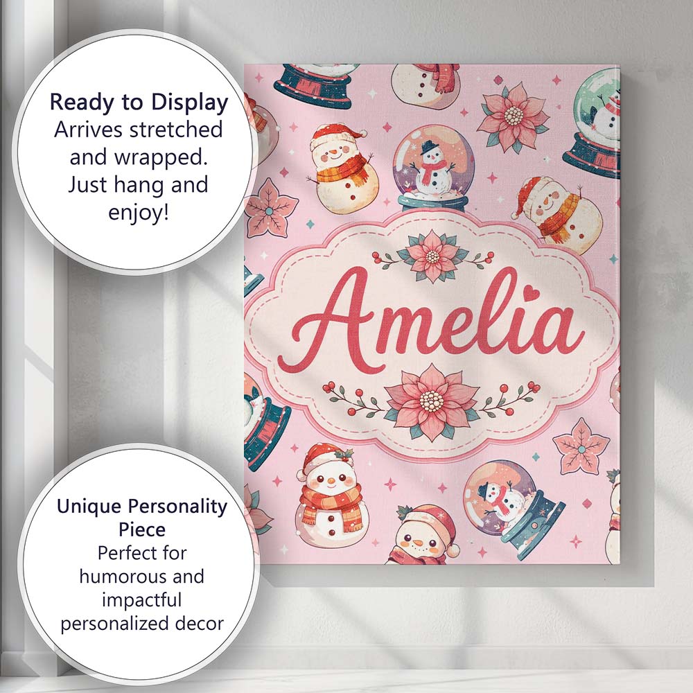 Personalised Name Snowman Snow Globe Custom Premium Decorative Design Modern Room Accent Canvas Wall Art Print Decor Picture Ready to Hang