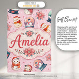 Snowman Snow Globe Poinsettia Christmas on Soft Pink Background  Personalised Custom Name Super Soft Fleece Blanket Bed Sofa Throw