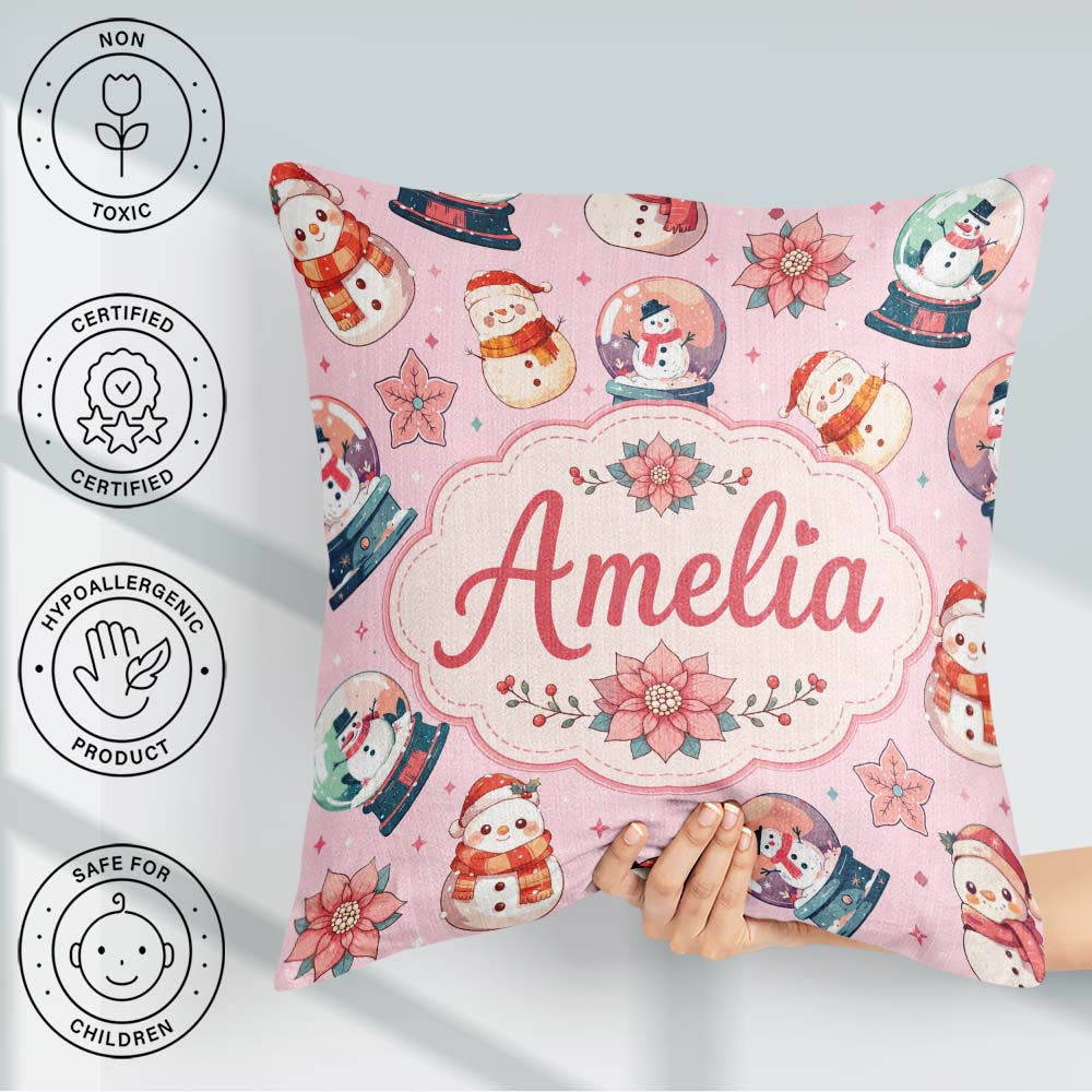 Custom Name Snowman Snow Globe Poinsettia Christmas on Soft Pink Square Filled Cushion Throw Pillow Sofa Bed Home Decor Zip Washable UK Made