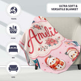 Snowman Snow Globe Poinsettia Christmas on Soft Pink Background  Personalised Custom Name Super Soft Fleece Blanket Bed Sofa Throw
