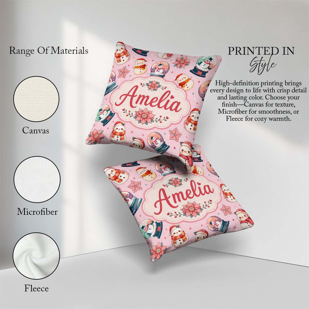 Custom Name Snowman Snow Globe Poinsettia Christmas on Soft Pink Square Filled Cushion Throw Pillow Sofa Bed Home Decor Zip Washable UK Made