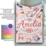 Snowman Snow Globe Poinsettia Christmas on Soft Pink Background  Personalised Custom Name Super Soft Fleece Blanket Bed Sofa Throw