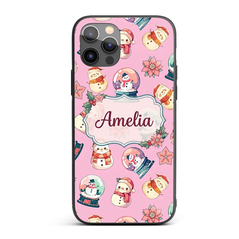 Cute Snowman Snow Globe Poinsettia Christmas on Custom Name Protective Phone Case Mobile Cover Durable Everyday Smartphone Shock Resistant
