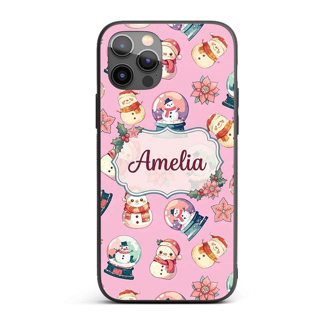 Cute Snowman Snow Globe Poinsettia Christmas on Custom Name Protective Phone Case Mobile Cover Durable Everyday Smartphone Shock Resistant