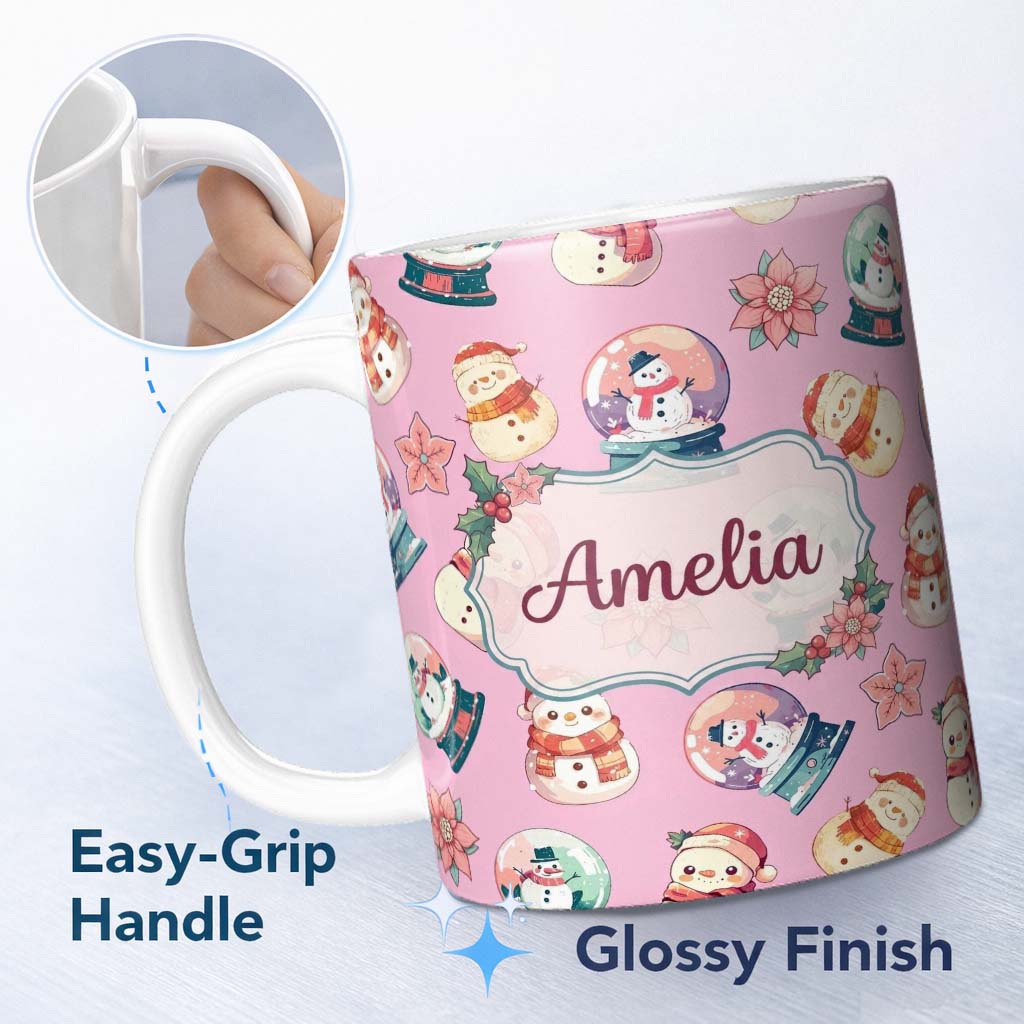 Personalized Custom Name Cute Snowman Snow Globe Poinsettia Christmas on Mauve Pink 11oz Ceramic Coffee Tea Mug White Large Handle