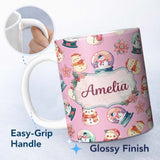 Personalized Custom Name Cute Snowman Snow Globe Poinsettia Christmas on Mauve Pink 11oz Ceramic Coffee Tea Mug White Large Handle
