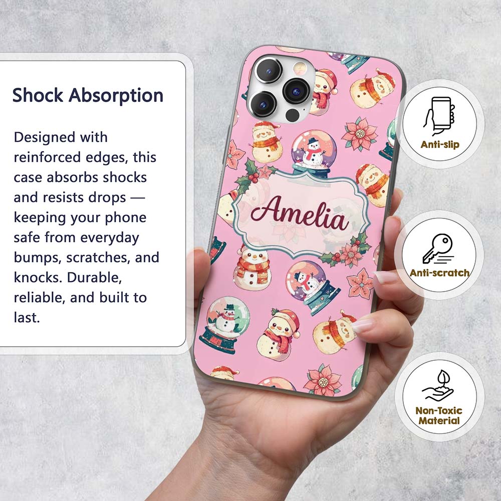 Cute Snowman Snow Globe Poinsettia Christmas on Custom Name Protective Phone Case Mobile Cover Durable Everyday Smartphone Shock Resistant