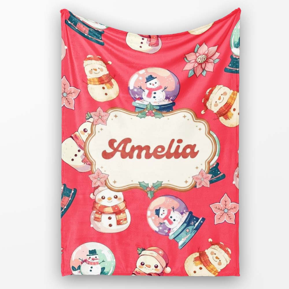 Cute Snowman Snow Globe Poinsettia Winter Christmas on Red  Personalised Custom Name Super Soft Fleece Blanket Bed Sofa Throw