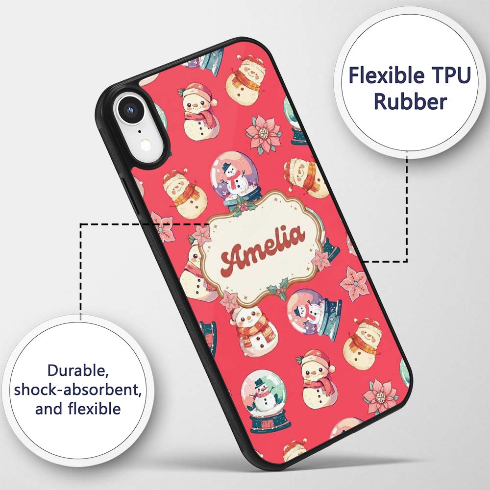 Cute Snowman Snow Globe Poinsettia Printed Design Custom Name Protective Phone Case Mobile Cover Durable Everyday Smartphone Shock Resistant