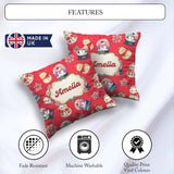 Custom Name Cute Snowman Snow Poinsettia Winter Christmas on Red Square Filled Cushion Throw Pillow Sofa Bed Home Decor Zip Washable UK Made