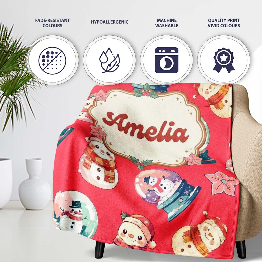 Cute Snowman Snow Globe Poinsettia Winter Christmas on Red  Personalised Custom Name Super Soft Fleece Blanket Bed Sofa Throw