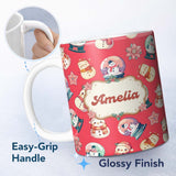 Personalized Custom Name Cute Snowman Snow Globe Poinsettia Winter Christmas on Red 11oz Ceramic Coffee Tea Mug White Large Handle