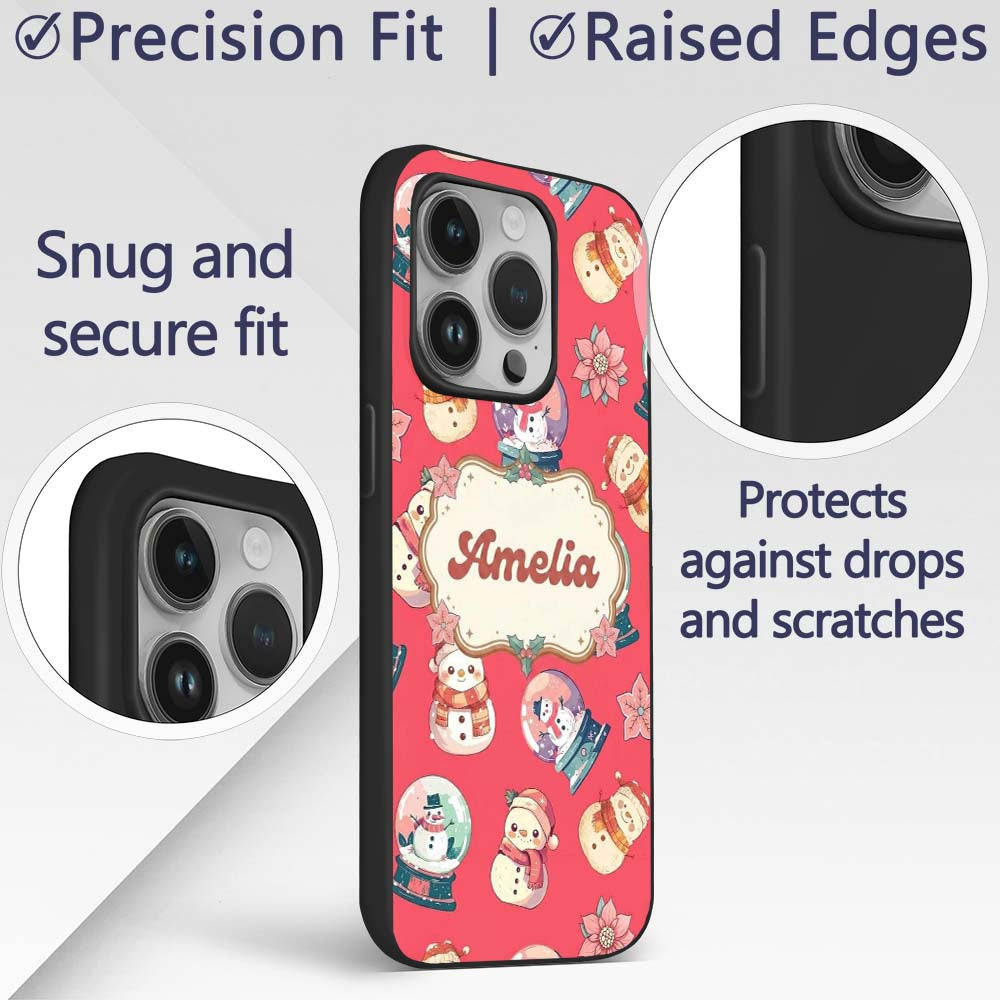 Cute Snowman Snow Globe Poinsettia Printed Design Custom Name Protective Phone Case Mobile Cover Durable Everyday Smartphone Shock Resistant