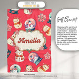 Cute Snowman Snow Globe Poinsettia Winter Christmas on Red  Personalised Custom Name Super Soft Fleece Blanket Bed Sofa Throw