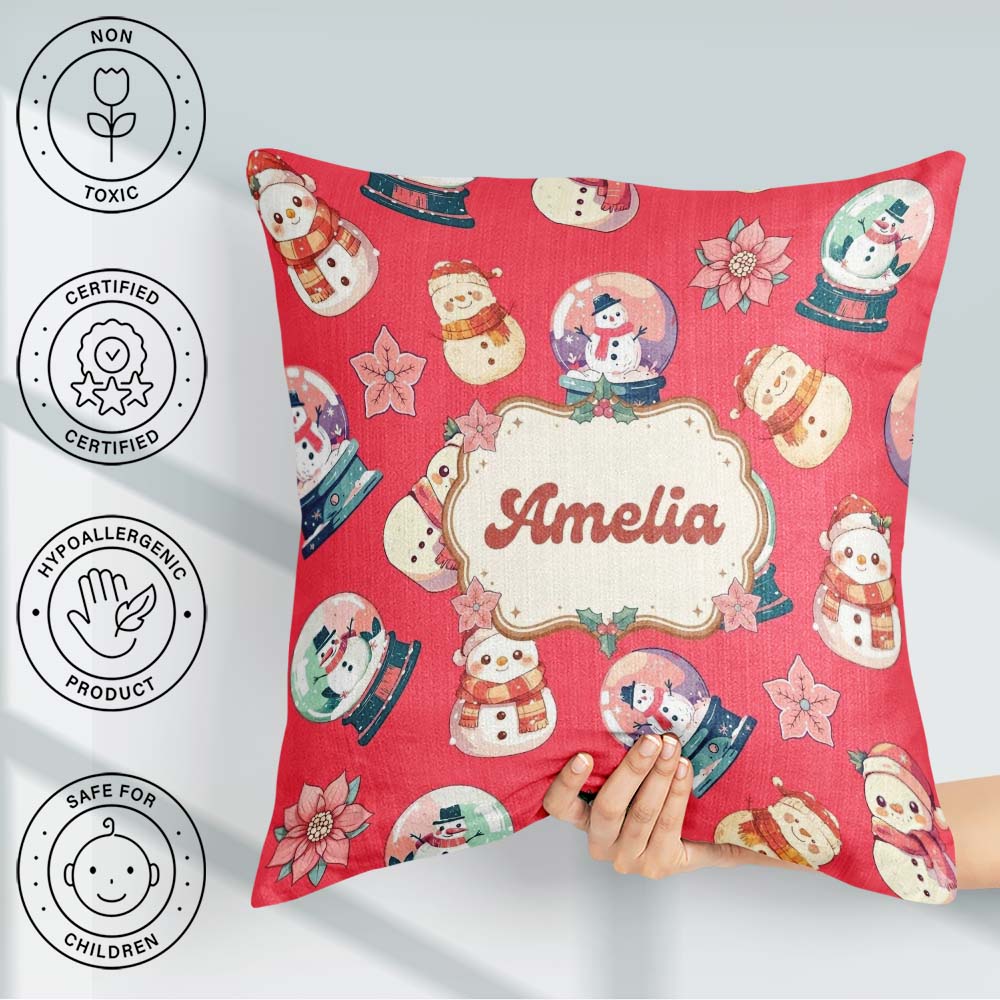 Custom Name Cute Snowman Snow Poinsettia Winter Christmas on Red Square Filled Cushion Throw Pillow Sofa Bed Home Decor Zip Washable UK Made