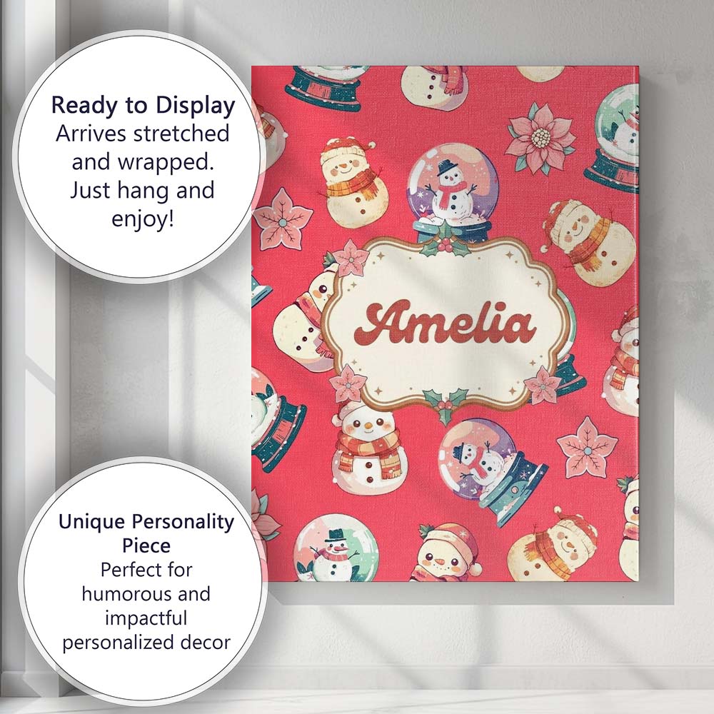 Personalised Name Cute Snowman Snow Globe Custom  Unique Gift Idea Elegant Feature Canvas Wall Art Print Decor Picture Ready to Hang