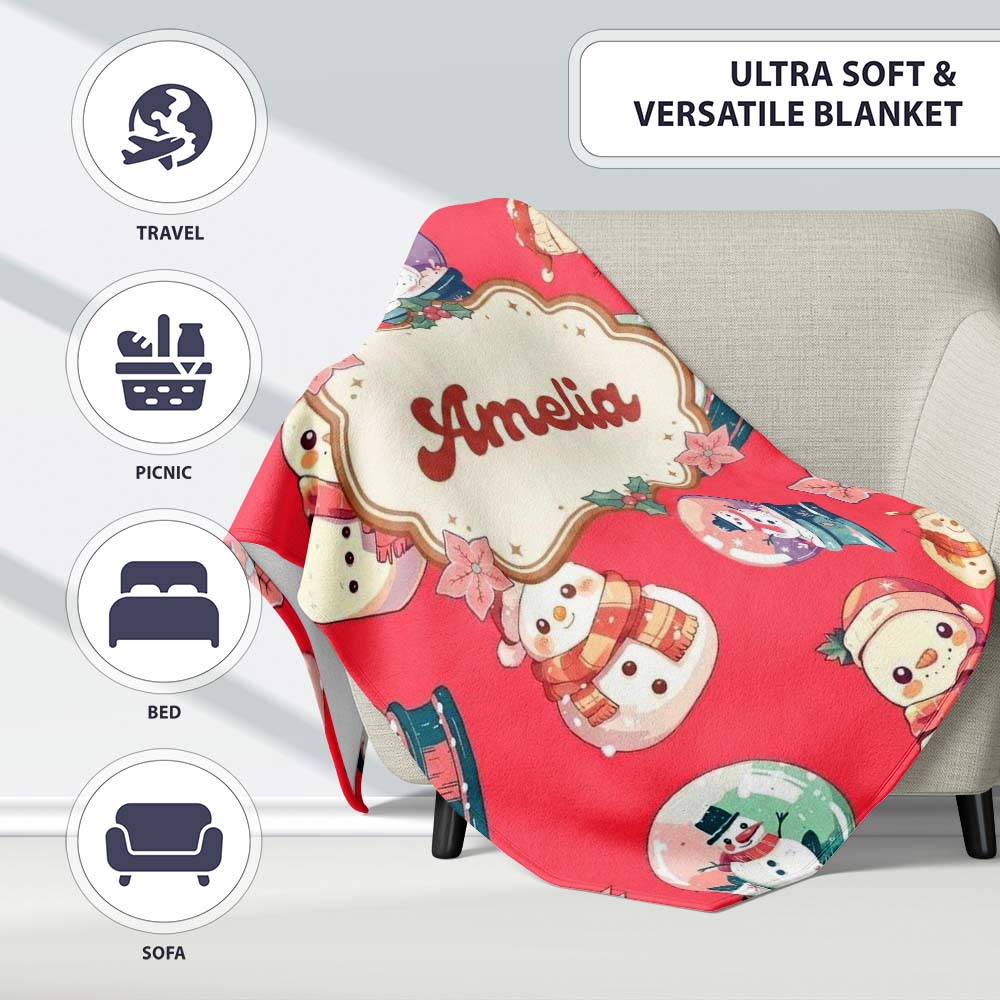 Cute Snowman Snow Globe Poinsettia Winter Christmas on Red  Personalised Custom Name Super Soft Fleece Blanket Bed Sofa Throw