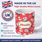 Personalized Custom Name Cute Snowman Snow Globe Poinsettia Winter Christmas on Red 11oz Ceramic Coffee Tea Mug White Large Handle