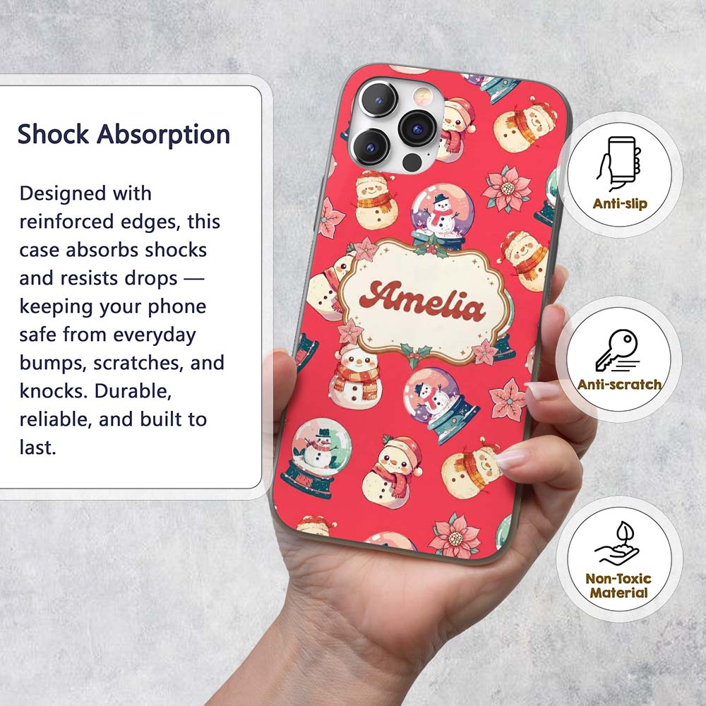 Cute Snowman Snow Globe Poinsettia Printed Design Custom Name Protective Phone Case Mobile Cover Durable Everyday Smartphone Shock Resistant